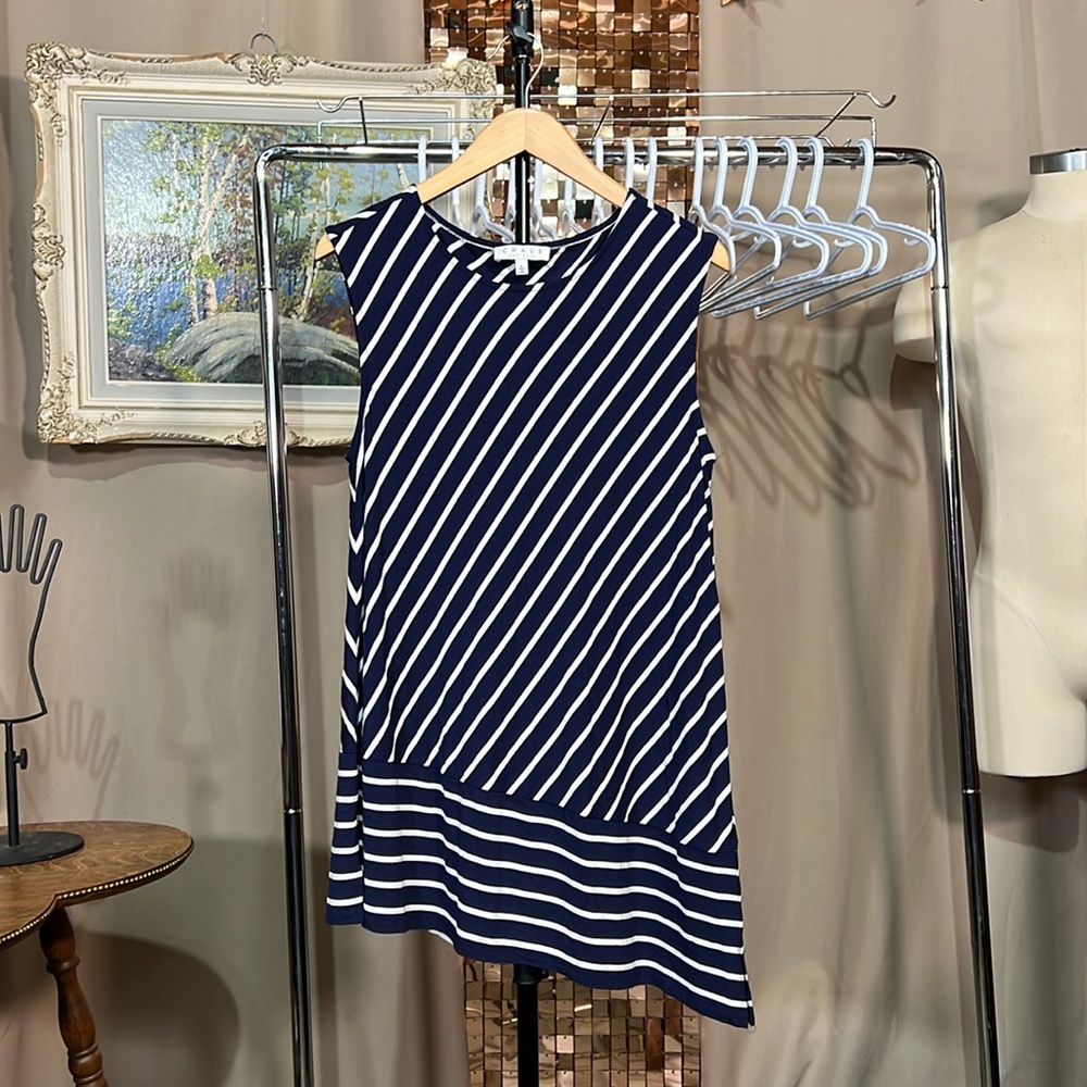 Chaus Asymmetrical Stripe Blue and White Sheath Tunic Size Large